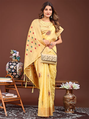 Yellow Linen Cotton Saree With Blouse Piece