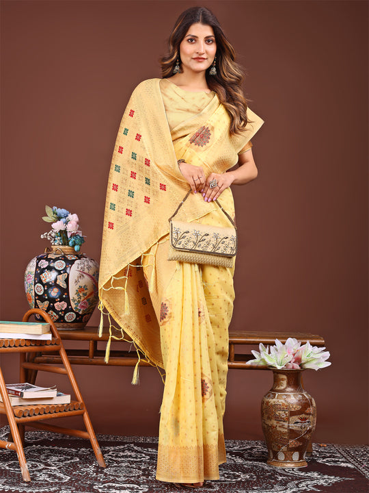 Yellow Linen Cotton Saree With Blouse Piece Yellow Linen Cotton Saree With Blouse Piece