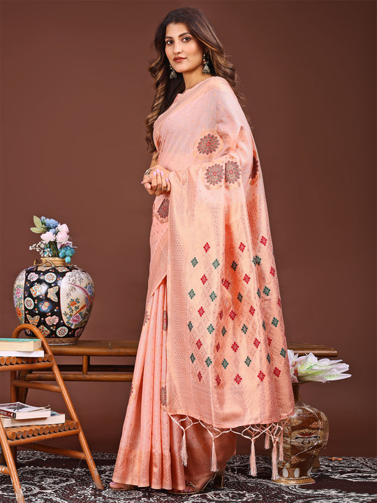 Peach Linen Cotton Saree With Blouse Piece Peach Linen Cotton Saree With Blouse Piece
