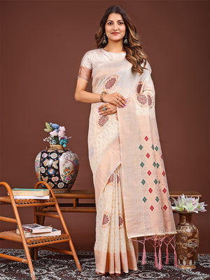 White Linen Cotton Saree With Blouse Piece