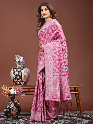 Pink Linen Cotton Saree With Blouse Piece