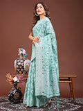 Sea Green Linen Cotton Saree With Blouse Piece Sea Green Linen Cotton Saree With Blouse Piece