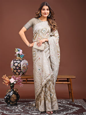 Brown Linen Cotton Saree With Blouse Piece