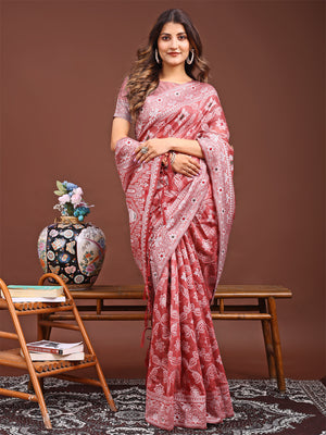 Peach Linen Cotton Saree With Blouse Piece