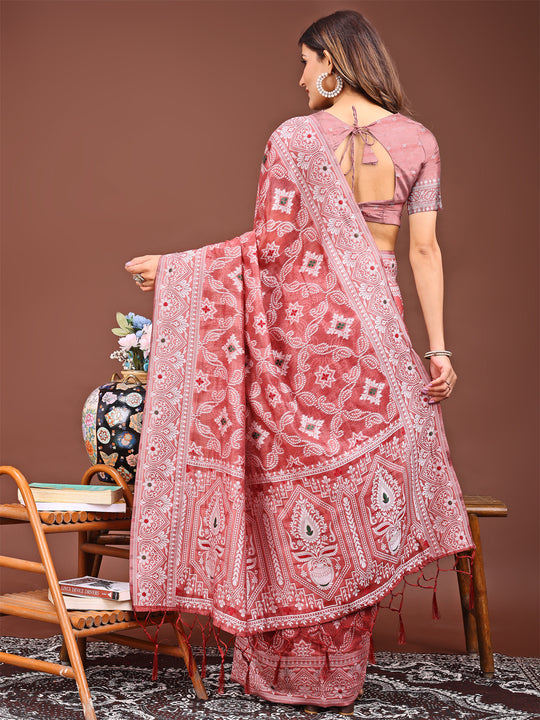 Peach Linen Cotton Saree With Blouse Piece Peach Linen Cotton Saree With Blouse Piece