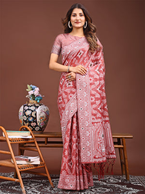 Peach Linen Cotton Saree With Blouse Piece