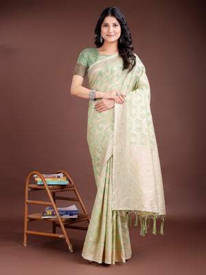 Light Green Linen Cotton Saree With Blouse Piece