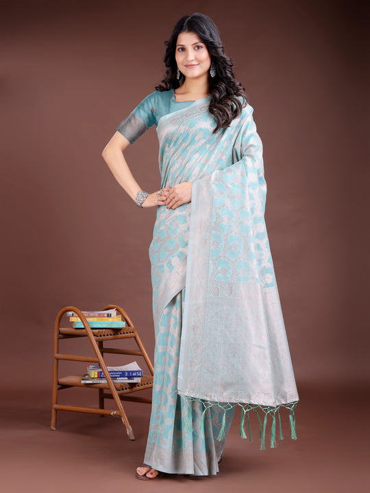 Sea Green Linen Cotton Saree With Blouse Piece Sea Green Linen Cotton Saree With Blouse Piece