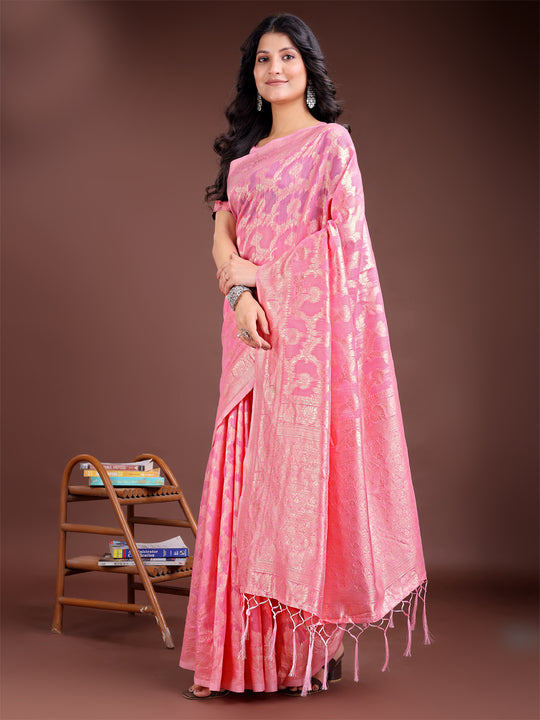 Pink Linen Cotton Saree With Blouse Piece Pink Linen Cotton Saree With Blouse Piece