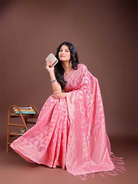 Pink Linen Cotton Saree With Blouse Piece Pink Linen Cotton Saree With Blouse Piece