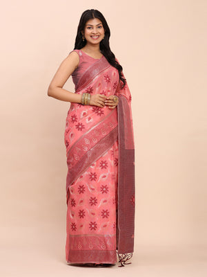 Peach Linen Cotton Saree With Blouse Piece