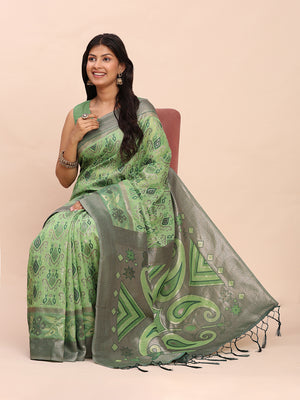 Green Linen Cotton Saree With Blouse Piece