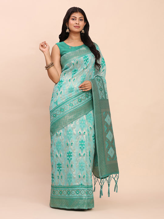Sea Green Linen Cotton Saree With Blouse Piece Sea Green Linen Cotton Saree With Blouse Piece