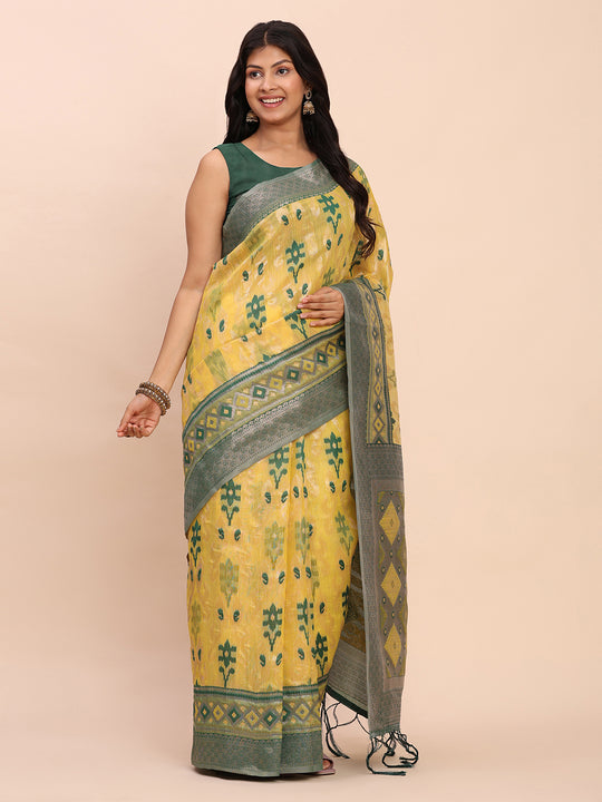 Yellow Linen Cotton Saree With Blouse Piece Yellow Linen Cotton Saree With Blouse Piece