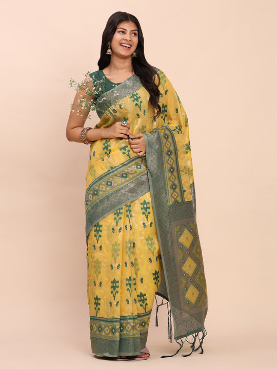 Yellow Linen Cotton Saree With Blouse Piece Yellow Linen Cotton Saree With Blouse Piece