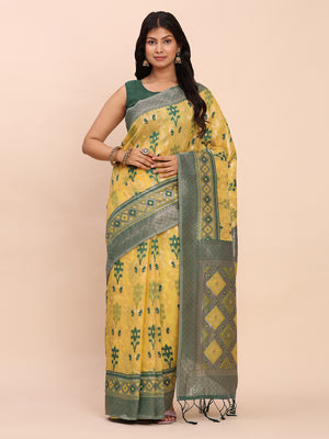 Yellow Linen Cotton Saree With Blouse Piece