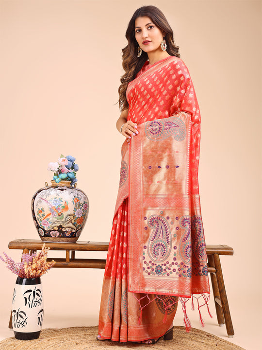 Peach Linen Cotton Saree With Blouse Piece Peach Linen Cotton Saree With Blouse Piece