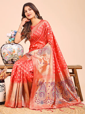 Peach Linen Cotton Saree With Blouse Piece