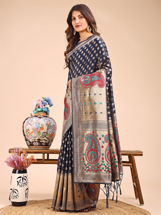 Navy Blue Linen Cotton Saree With Blouse Piece Navy Blue Linen Cotton Saree With Blouse Piece