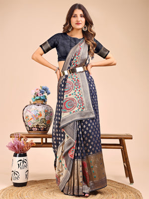 Navy Blue Linen Cotton Saree With Blouse Piece