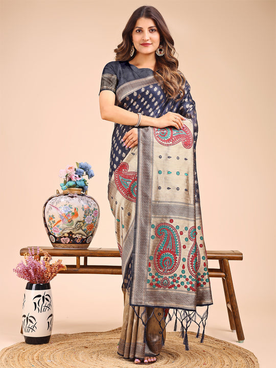 Navy Blue Linen Cotton Saree With Blouse Piece Navy Blue Linen Cotton Saree With Blouse Piece