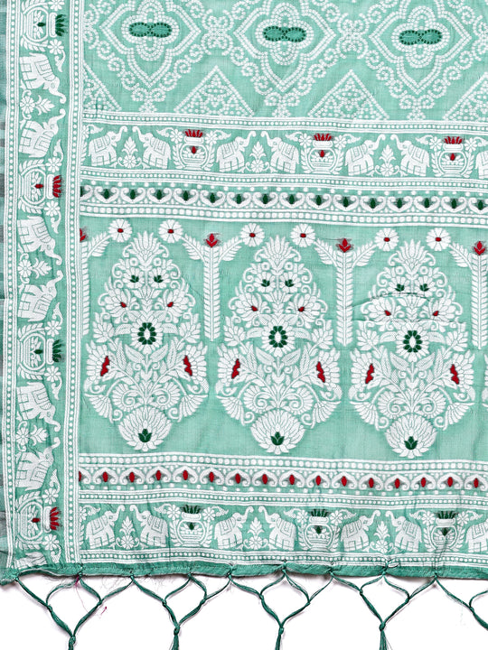 Sea Green Linen Cotton Saree With Blouse Piece Sea Green Linen Cotton Saree With Blouse Piece