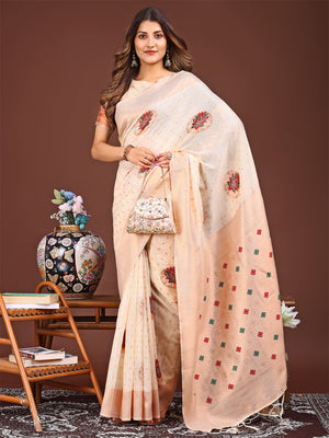 Cream Linen Cotton Saree With Blouse Piece
