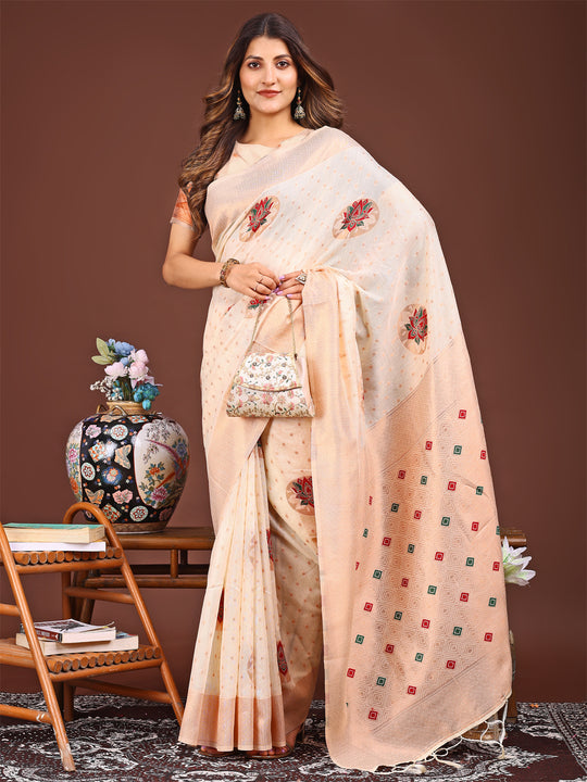 Cream Linen Cotton Saree With Blouse Piece Cream Linen Cotton Saree With Blouse Piece