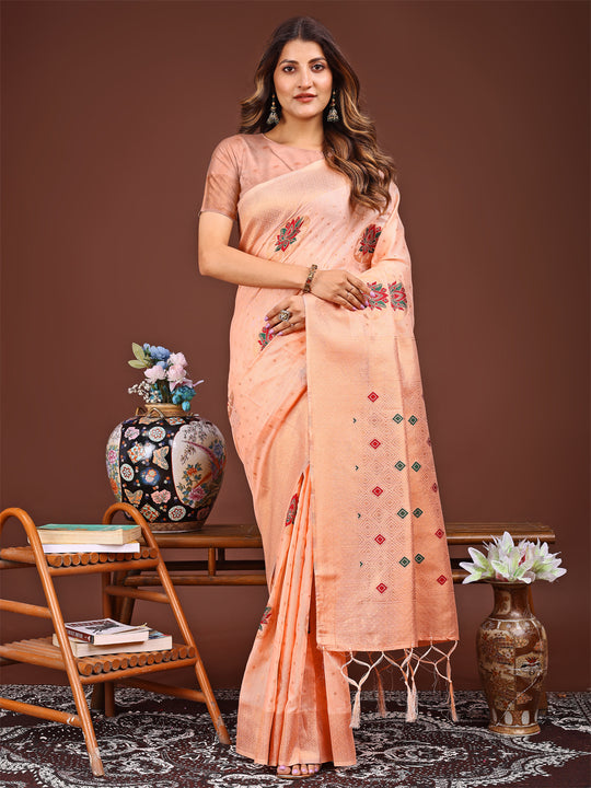 Peach Linen Cotton Saree With Blouse Piece Peach Linen Cotton Saree With Blouse Piece