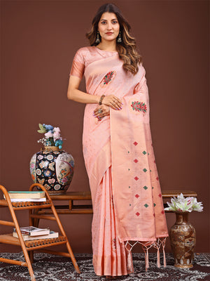 Pink Linen Cotton Saree With Blouse Piece
