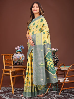 Yellow Linen Cotton Saree With Blouse Piece