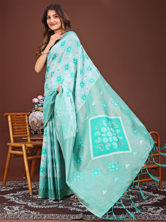 Sea Green Linen Cotton Saree With Blouse Piece Sea Green Linen Cotton Saree With Blouse Piece
