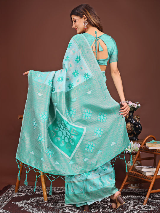 Sea Green Linen Cotton Saree With Blouse Piece Sea Green Linen Cotton Saree With Blouse Piece
