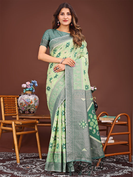 Light Green Linen Cotton Saree With Blouse Piece Light Green Linen Cotton Saree With Blouse Piece