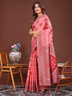 Peach Linen Cotton Saree With Blouse Piece