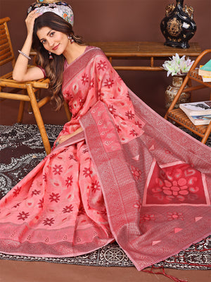 Peach Linen Cotton Saree With Blouse Piece