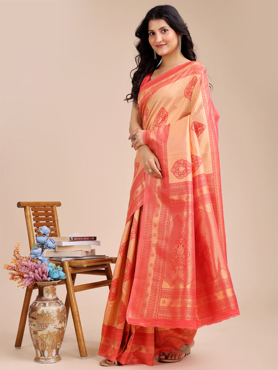 Orange & Red Banarasi Silk Saree With Blouse Piece Orange & Red Banarasi Silk Saree With Blouse Piece