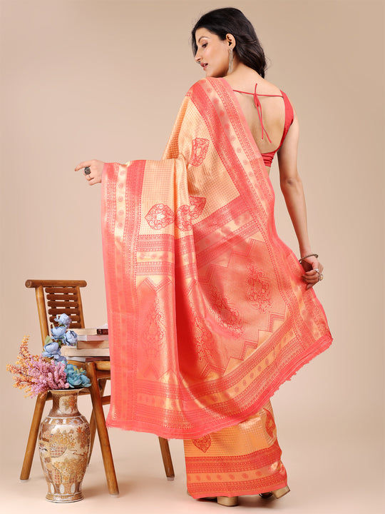 Orange & Red Banarasi Silk Saree With Blouse Piece Orange & Red Banarasi Silk Saree With Blouse Piece