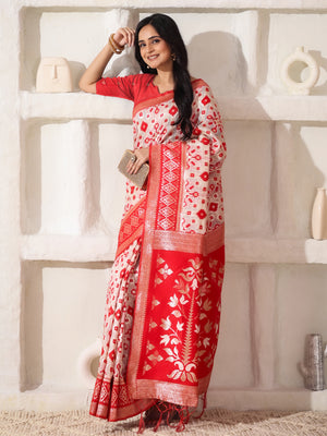 White Linen Cotton Saree With Blouse Piece