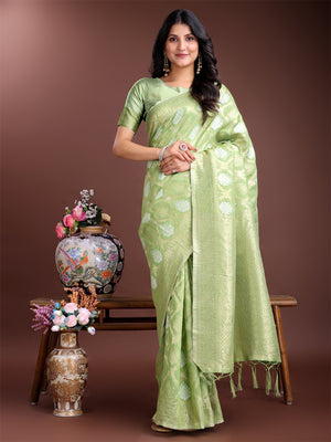 Light Green Cotton Saree With Blouse Piece