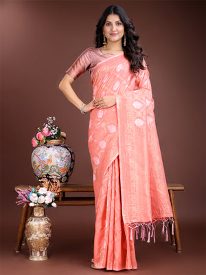 Peach Cotton Saree With Blouse Piece