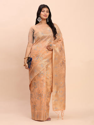 Orange Linen Cotton Saree With Blouse Piece
