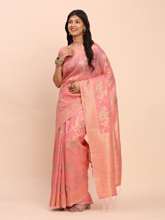 Peach Linen Cotton Saree With Blouse Piece Peach Linen Cotton Saree With Blouse Piece