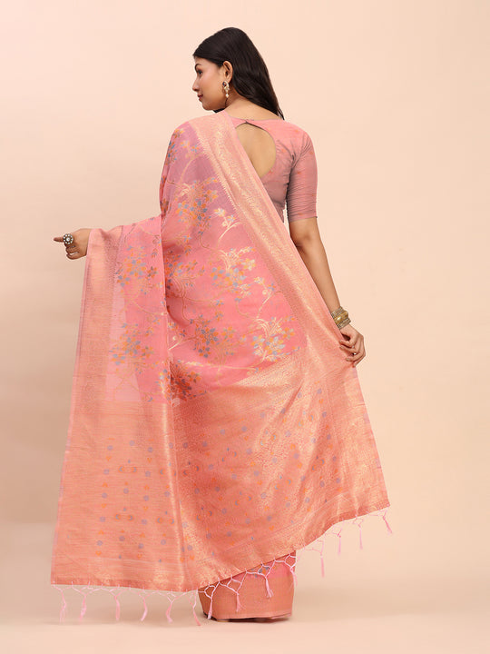 Peach Linen Cotton Saree With Blouse Piece Peach Linen Cotton Saree With Blouse Piece