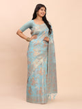Sky Blue Linen Cotton Saree With Blouse Piece Sky Blue Linen Cotton Saree With Blouse Piece
