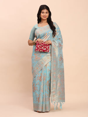 Sky Blue Linen Cotton Saree With Blouse Piece