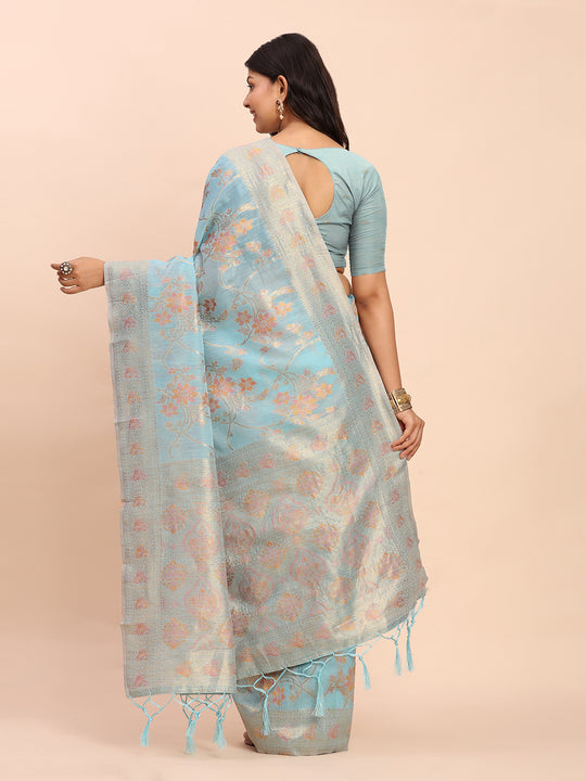 Sky Blue Linen Cotton Saree With Blouse Piece Sky Blue Linen Cotton Saree With Blouse Piece
