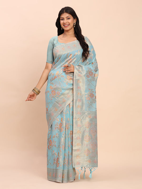 Sky Blue Linen Cotton Saree With Blouse Piece Sky Blue Linen Cotton Saree With Blouse Piece
