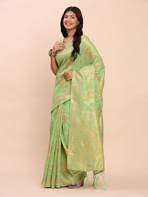 Green Linen Cotton Saree With Blouse Piece