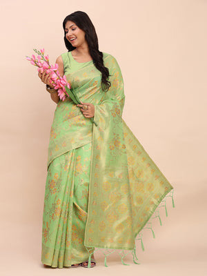 Green Linen Cotton Saree With Blouse Piece